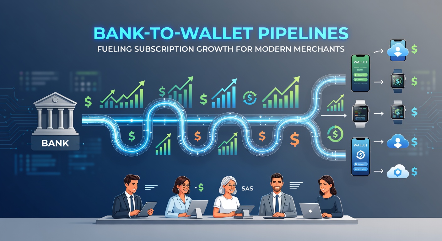 Diagram showing seamless data flow from bank accounts to digital wallets, enabling instant subscription renewals for merchants