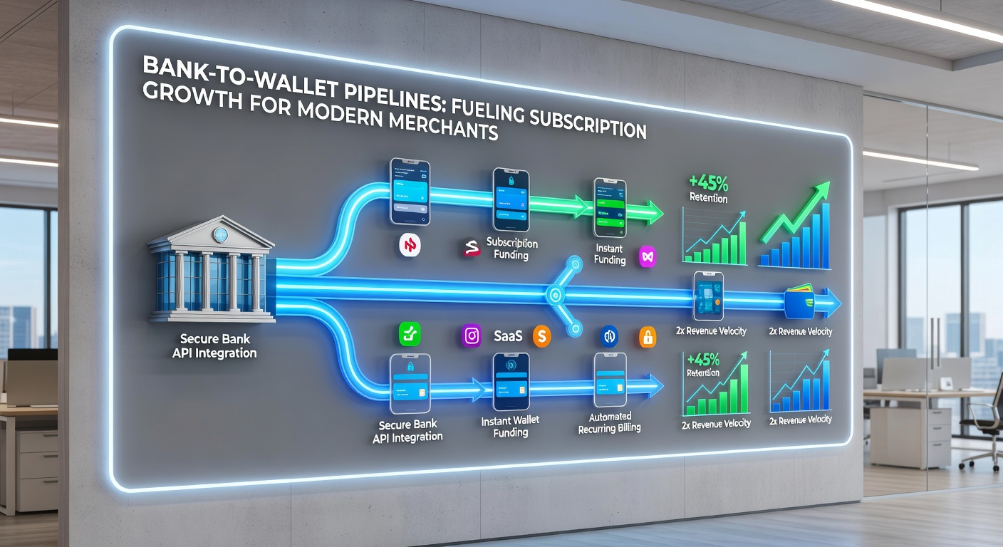Graph depicting subscription growth curves for merchants using bank-to-wallet pipelines versus traditional card billing