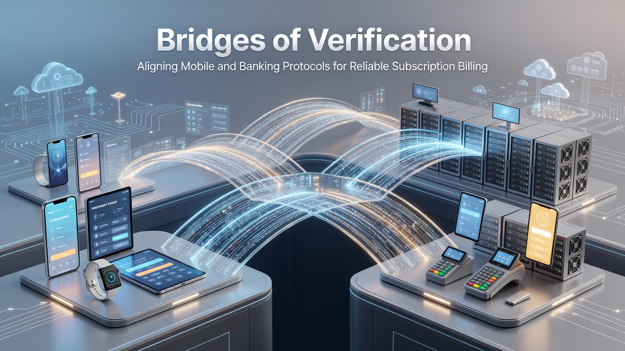 Diagram showing verification layers between mobile apps adn banking systems in global commerce