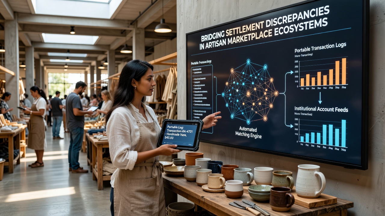 Artisan marketplace vendors using portable devices to log transactions at a craft fair while reconciling with bank account feeds through automated systems