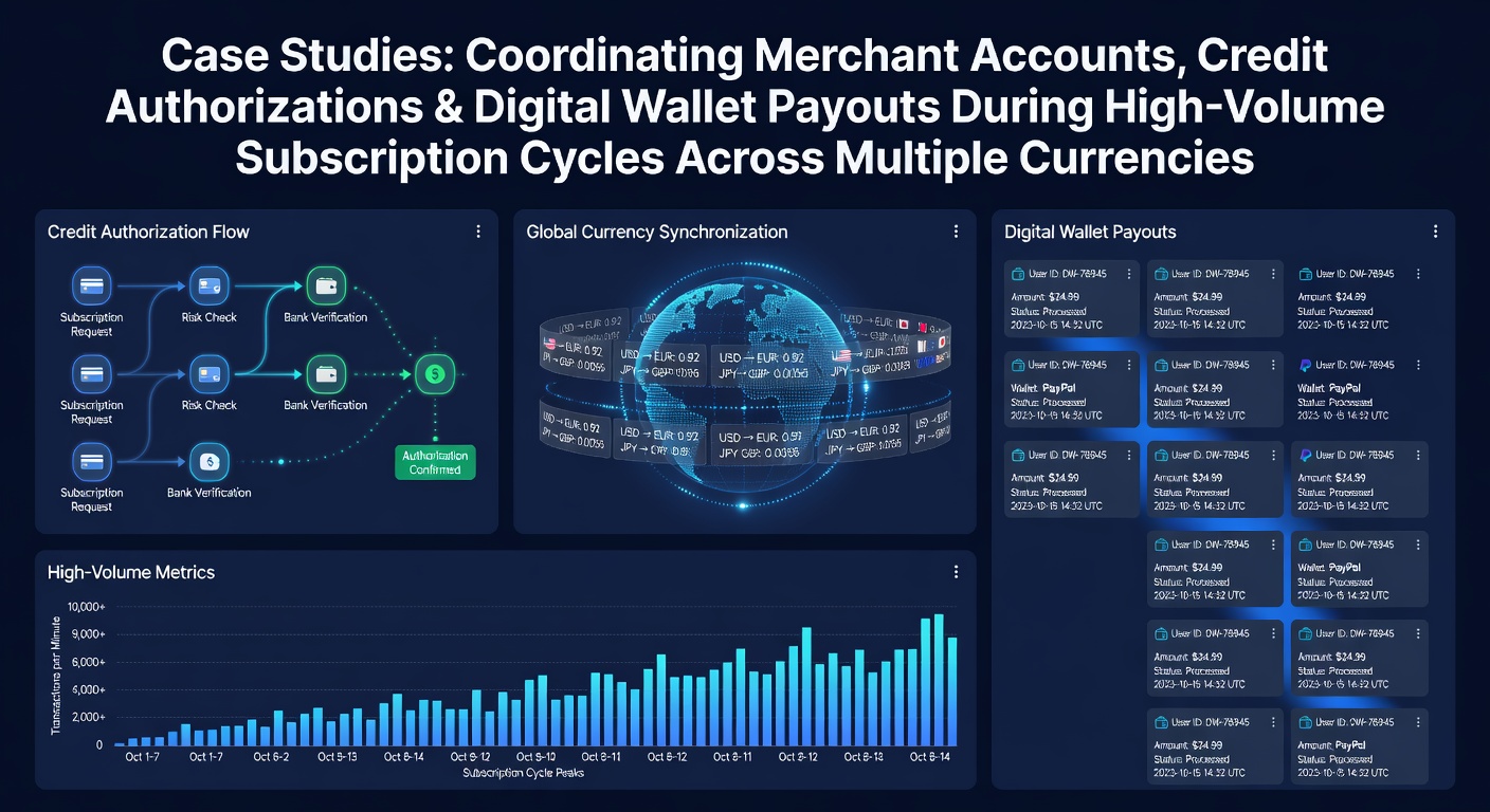 Merchant account dashboard showing coordinated credit authorizations and digital wallet payouts in multi-currency subscription flows