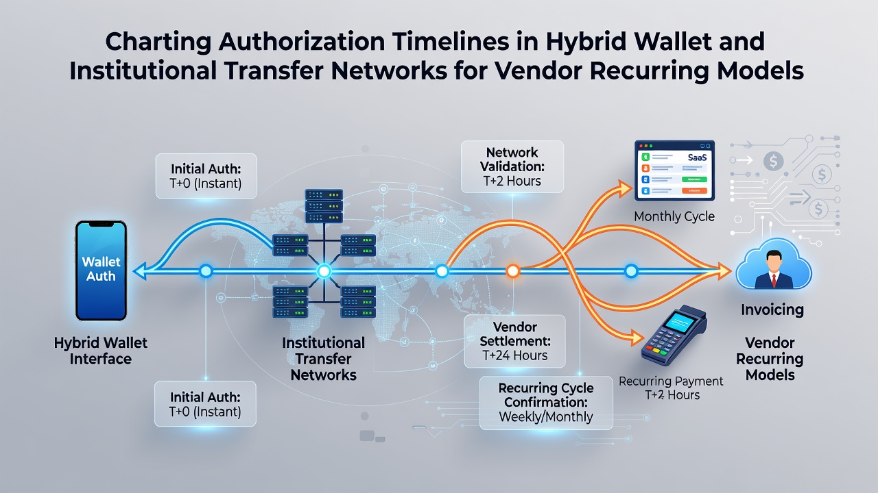 Flowchart illustrating authorization timelines across hybrid wallet and institutional transfer networks for recurring vendor payments