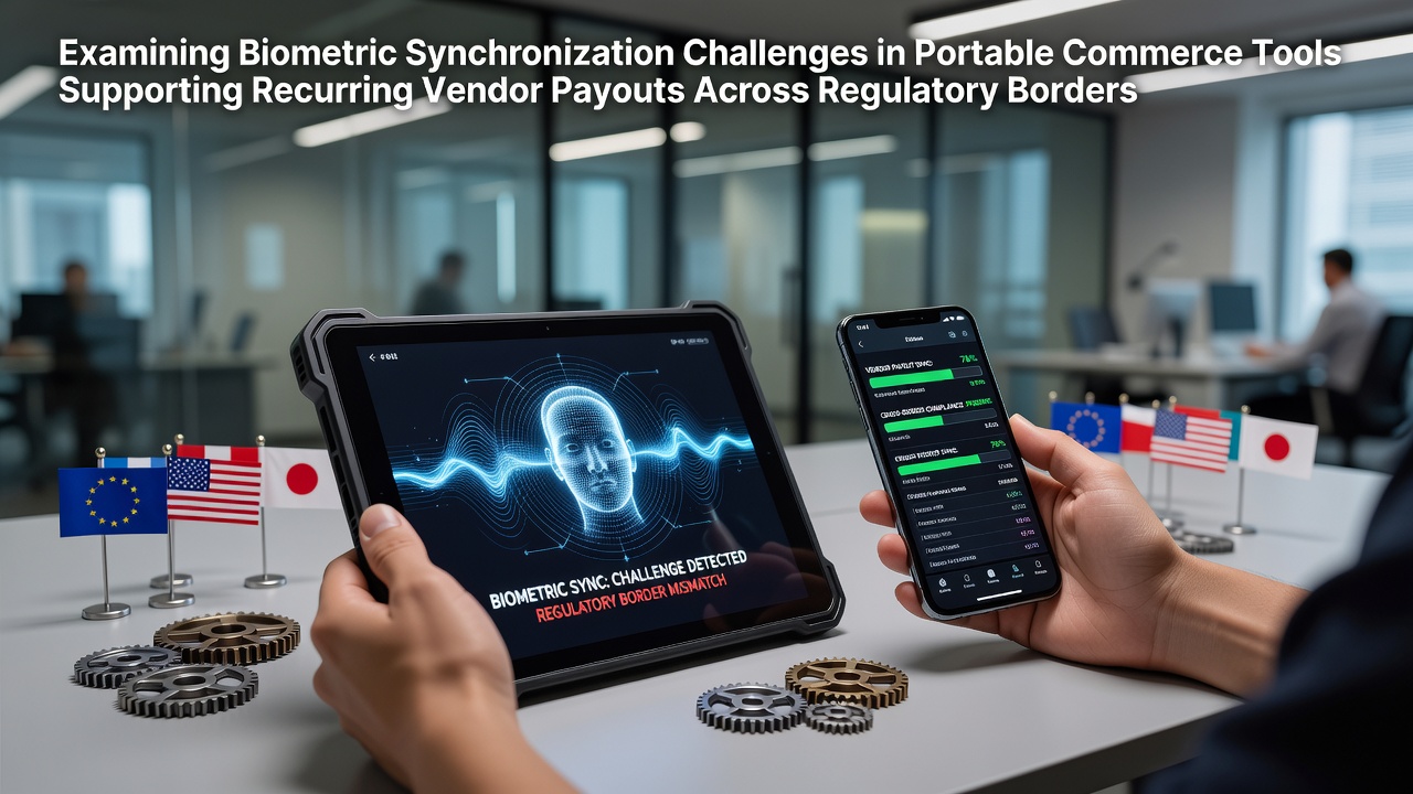Portable commerce device displaying biometric scan interface during vendor payout verification