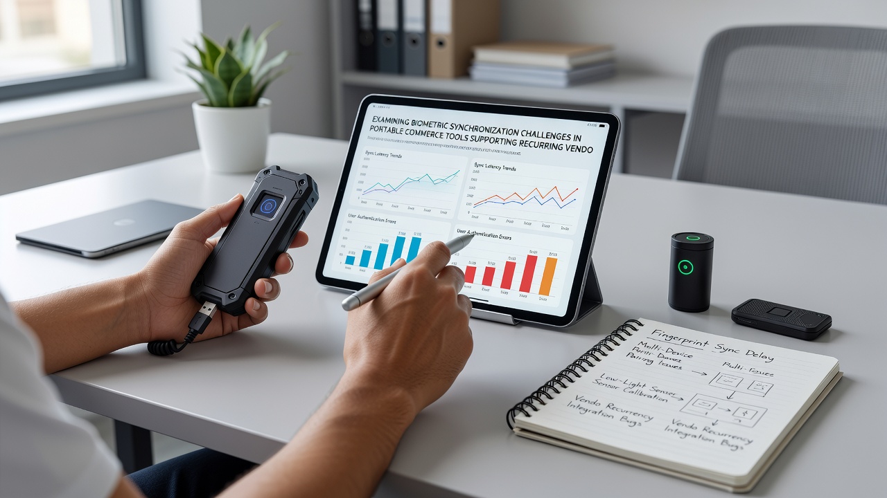 Vendor using portable payment terminal with biometric authentication in international market setting