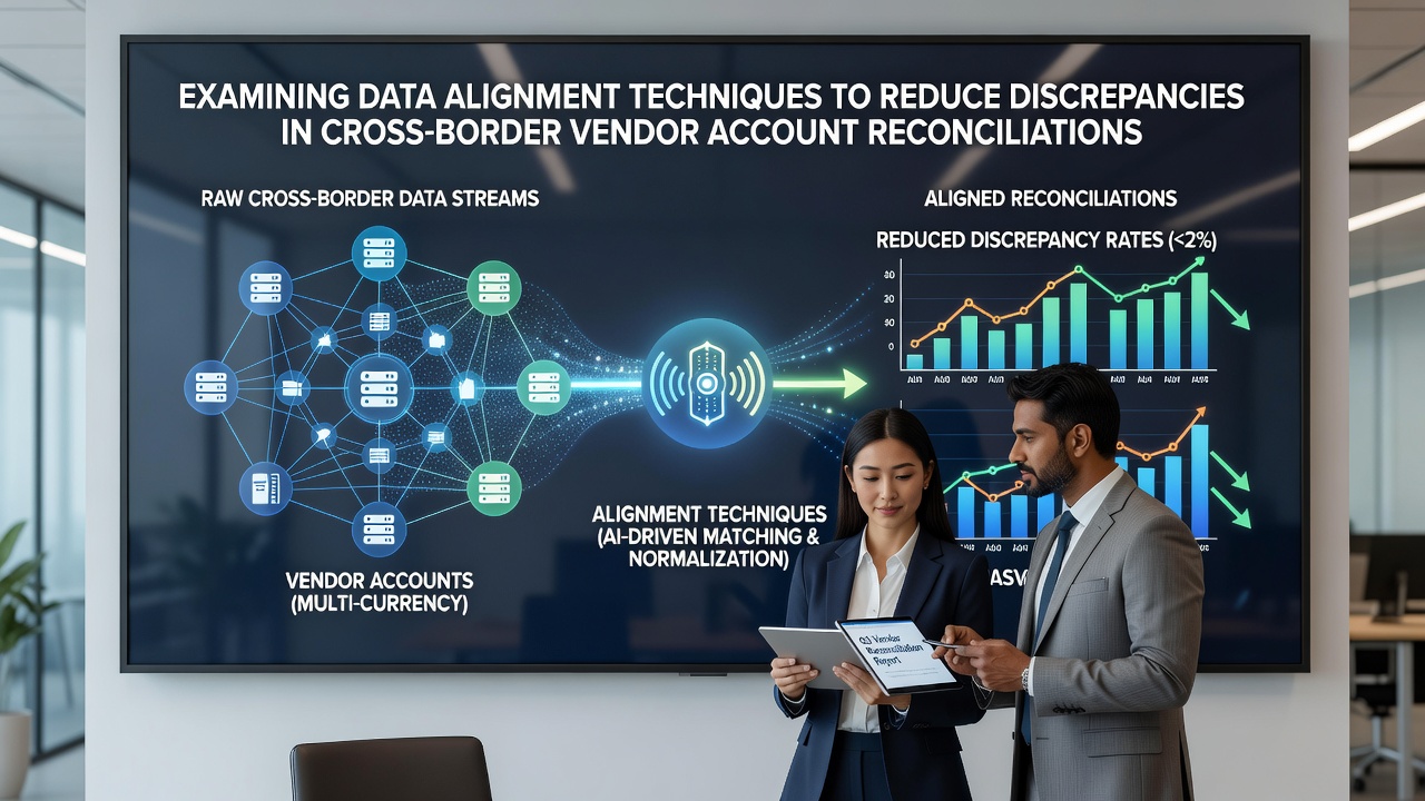 Data alignment process in cross-border vendor reconciliations showing synchronized records across multiple currencies and jurisdictions
