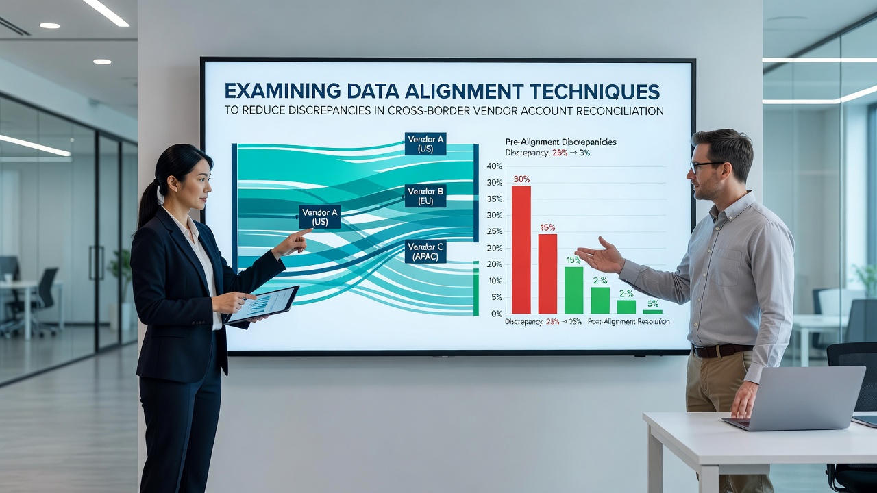 Machine learning dashboard aligning vendor transaction data across international borders to minimize reconciliation gaps