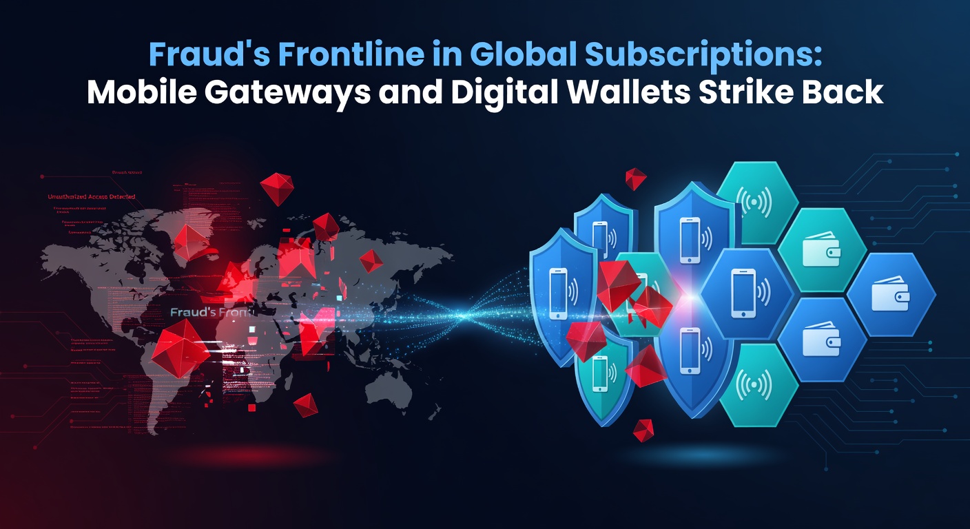 Digital visualization of a shield blocking fraudulent transactions in a global payment network, highlighting mobile gateways and wallet icons clashing against fraud symbols