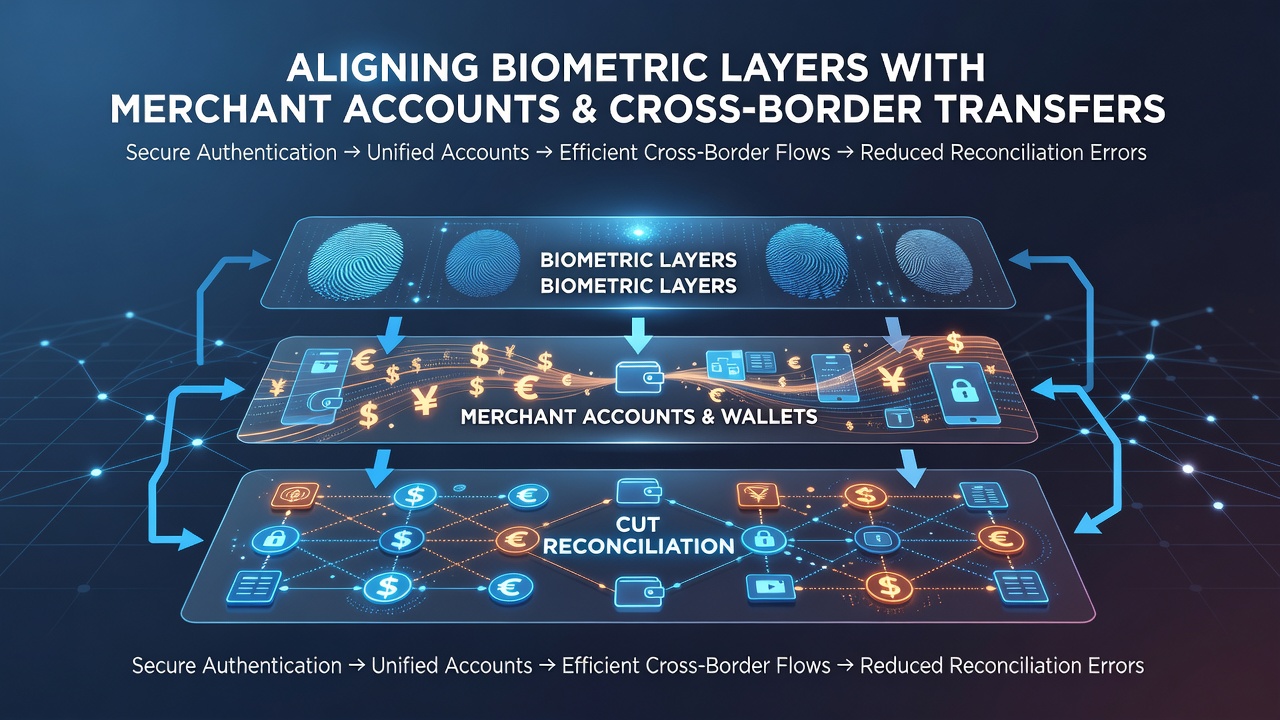 Cross-border wallet transfer flow showing biometric data synchronization with merchant accounts