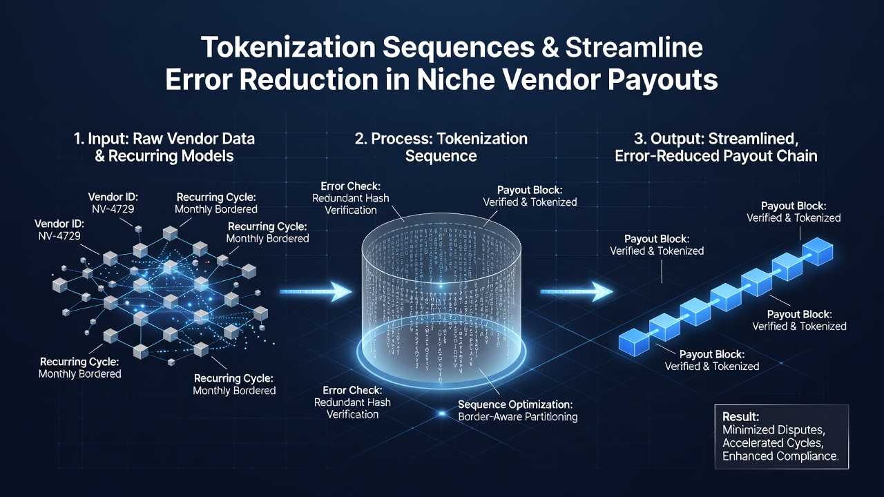 Tokenization sequences in cross-border vendor payout systems showing data flow between recurring models and error checkpoints