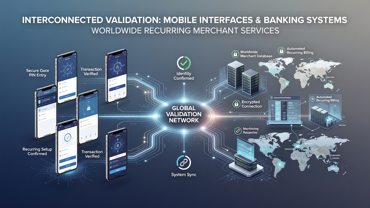 Mobile banking interface showing validation layers for recurring merchant transactions
