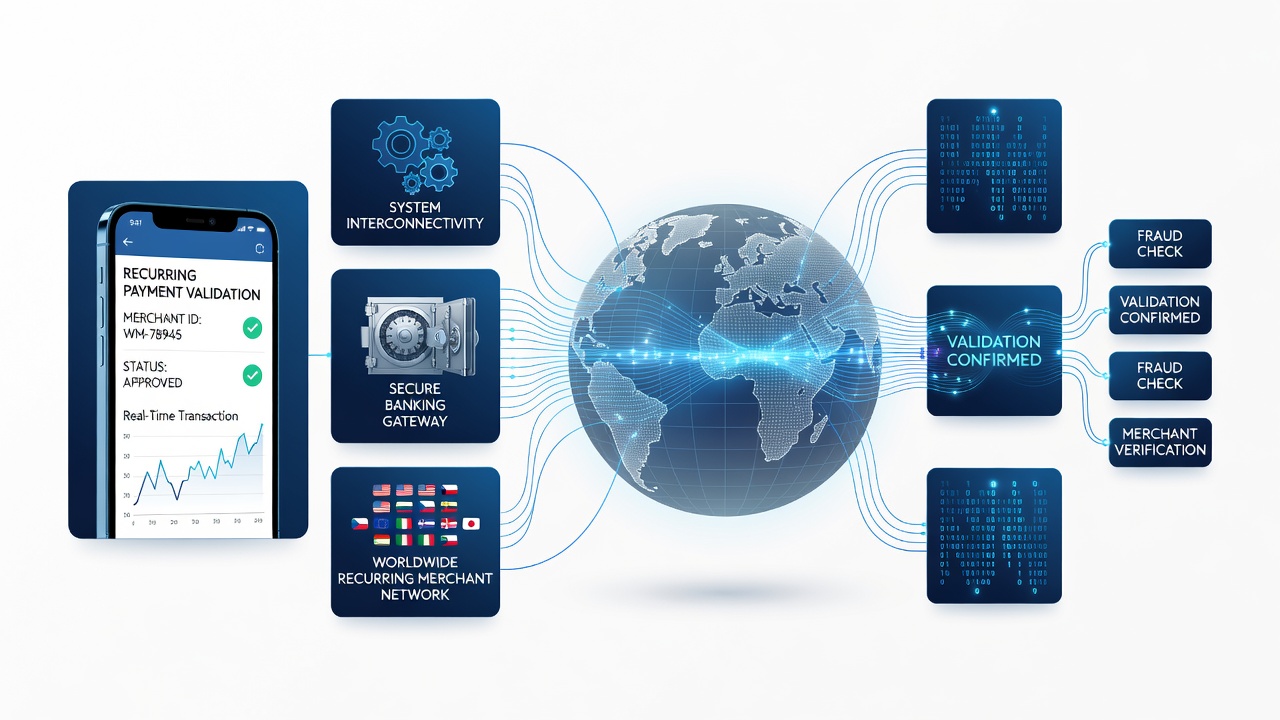 Banking network diagram illustrating interconnected validation for global merchant services