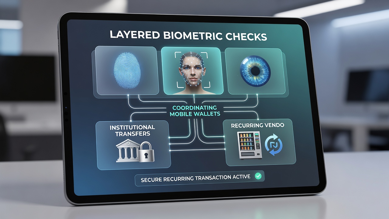 Biometric layers coordinating wallet and institutional systems for vendor payments