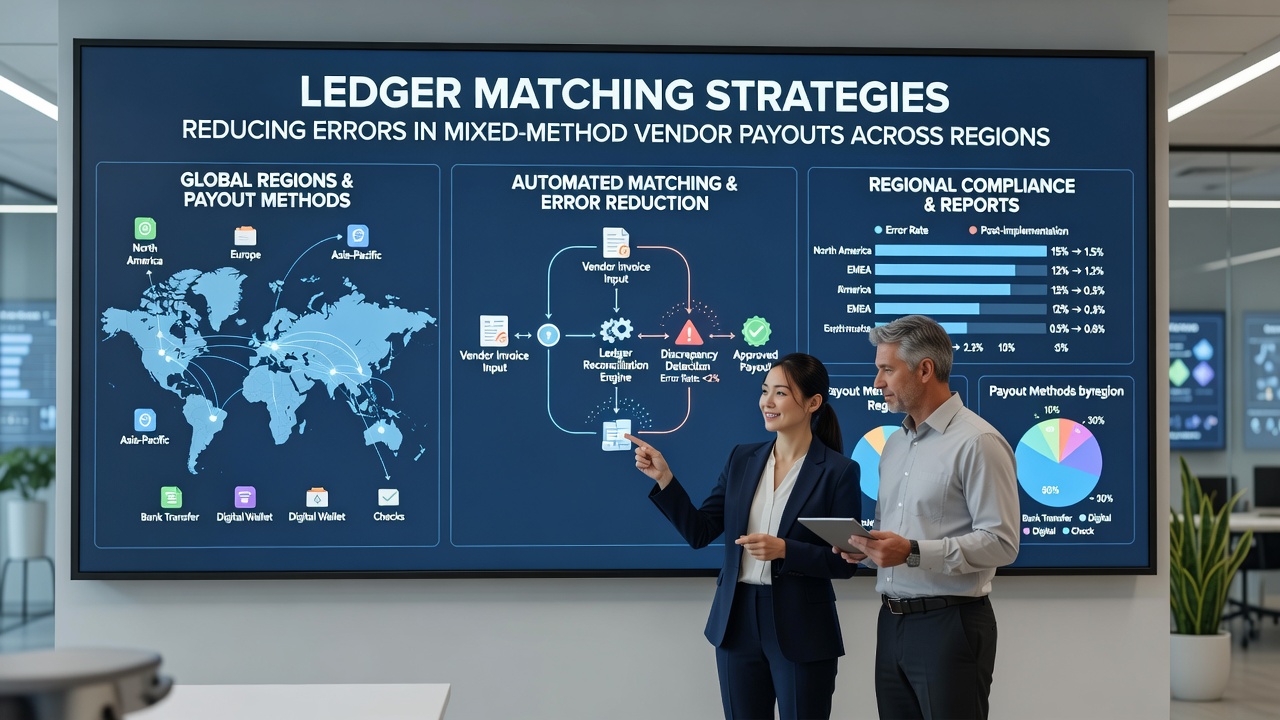Dashboard screenshot showing automated matching of vendor payouts across different regions and payment types