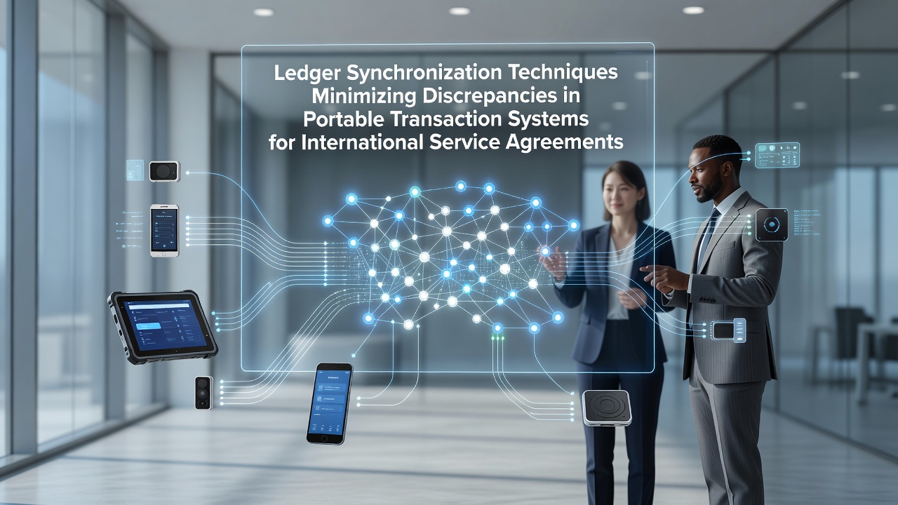 Diagram showing ledger synchronization across portable transaction devices and central servers in international service agreements