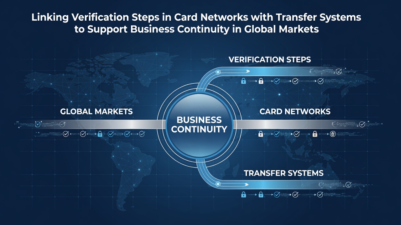 Diagram showing interconnected verification layers between card networks and electronic transfer systems across global markets