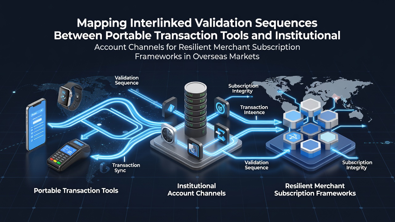 Diagram showing validation sequences linking portable transaction tools with institutional account channels in overseas subscription frameworks