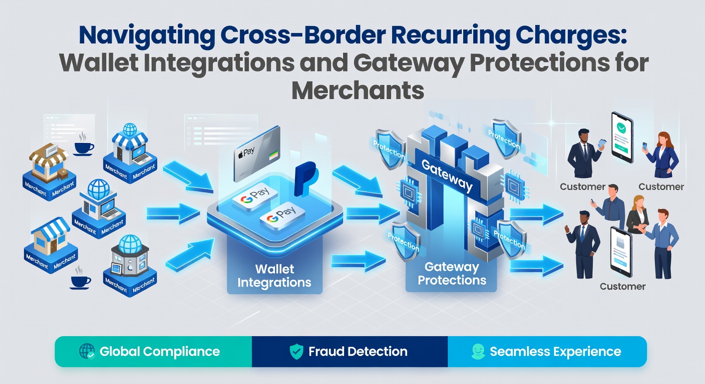 Merchants reviewing cross-border payment flows on digital dashboards with wallet and gateway icons highlighted
