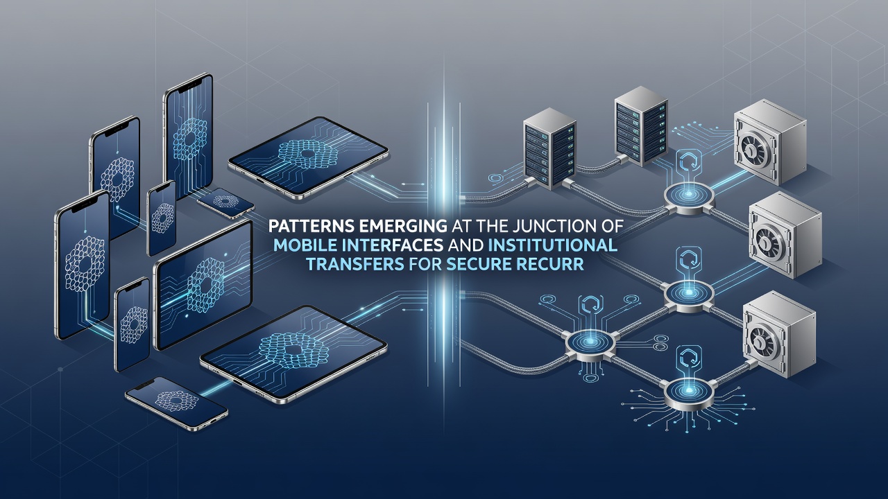 Secure data flow diagram showing mobile interface linked to institutional banking transfer systems