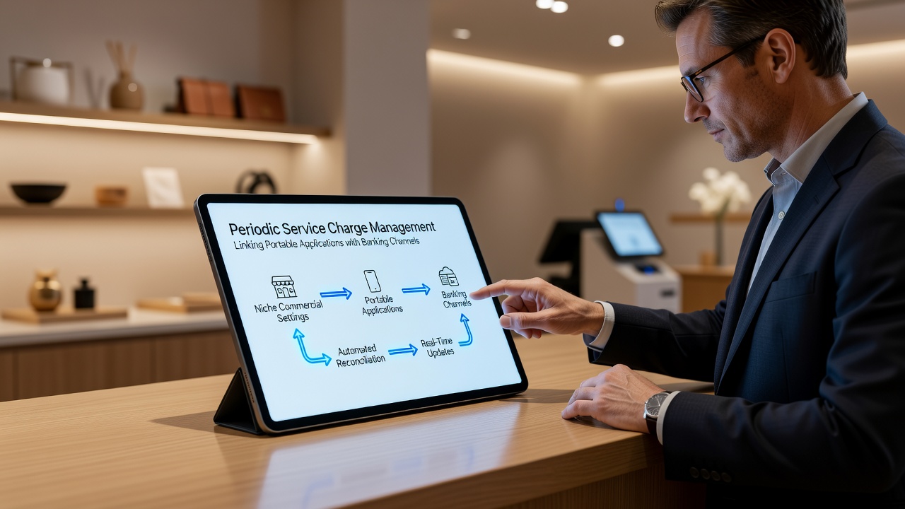 Illustration of mobile payment applications connecting to banking systems for recurring service charges in specialized commercial environments