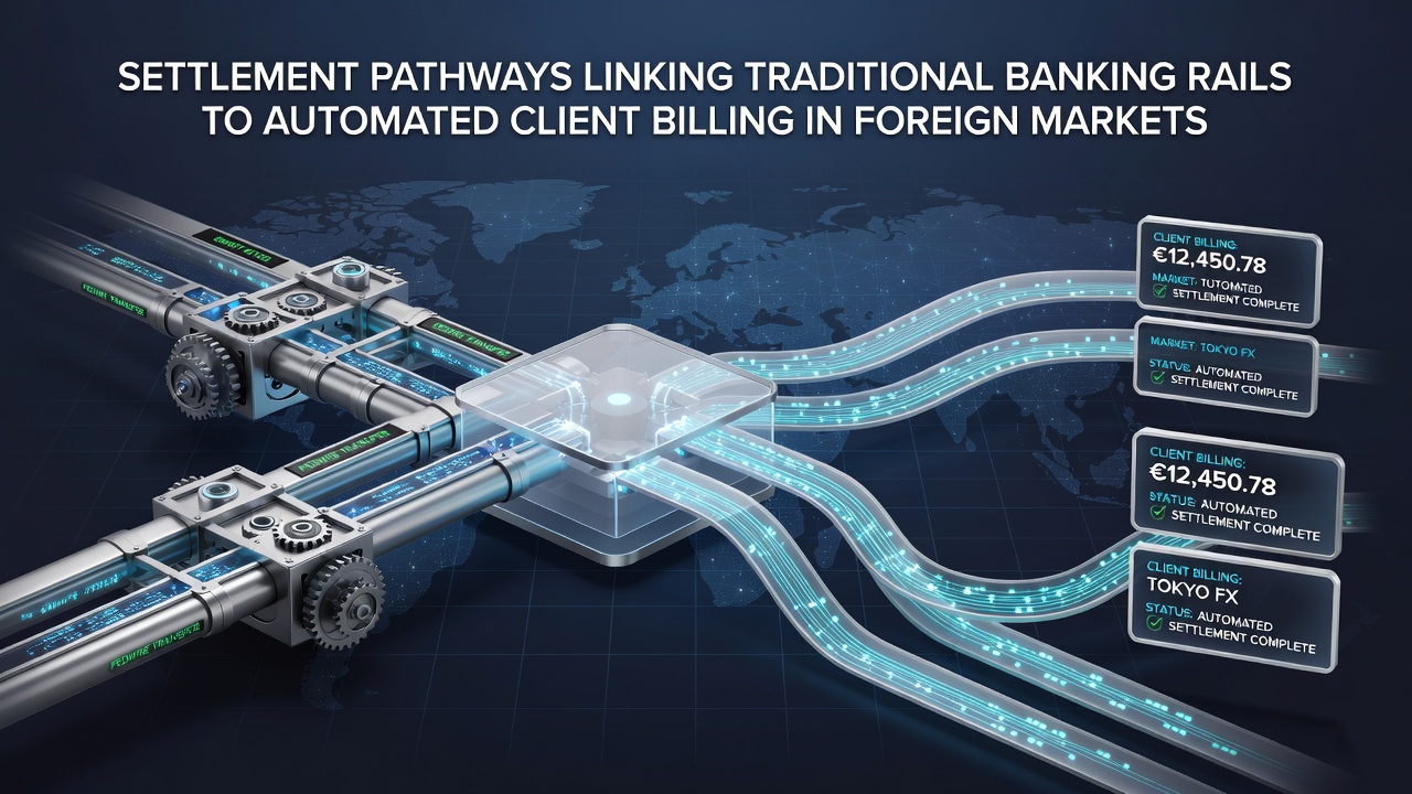 Illustration of automated billing workflow connected to international banking networks