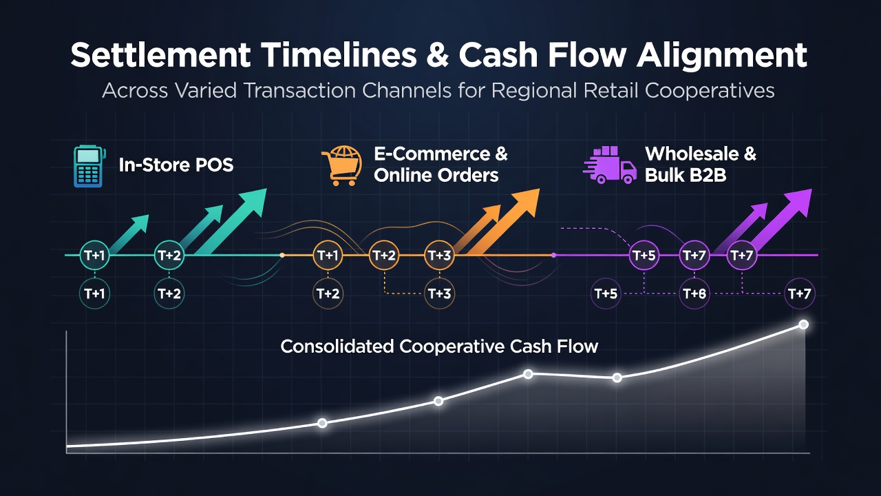 Diagram showing settlement timelines and cash flow pathways for regional retail cooperatives using multiple transaction channels