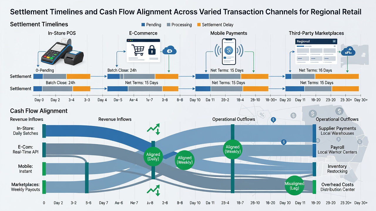 Cash flow alignment chart illustrating settlement cycles across card, transfer, and mobile channels for retail cooperatives