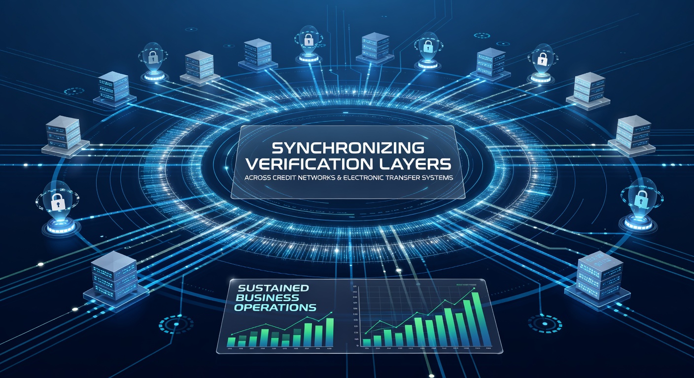 Network diagram showing synchronized verification layers connecting credit networks with electronic transfer systems
