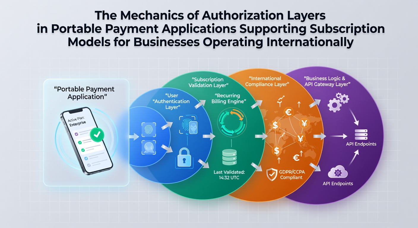 Diagram showing layered authorization processes in mobile payment applications for international subscriptions