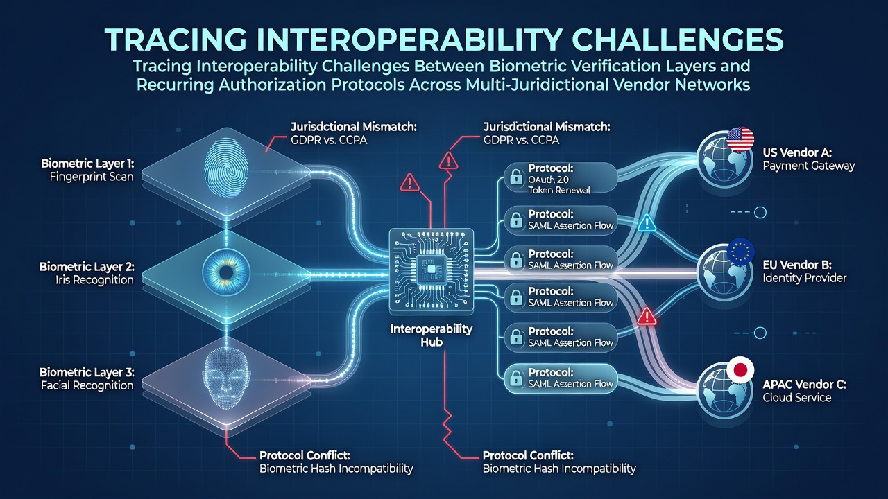 Diagram illustrating biometric data flows and authorization protocol mismatches in cross-border vendor systems