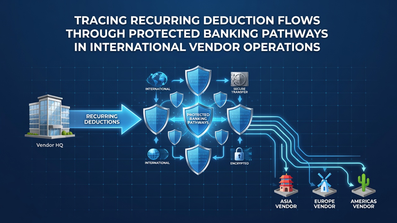Diagram showing recurring deduction flows mapped across protected international banking channels