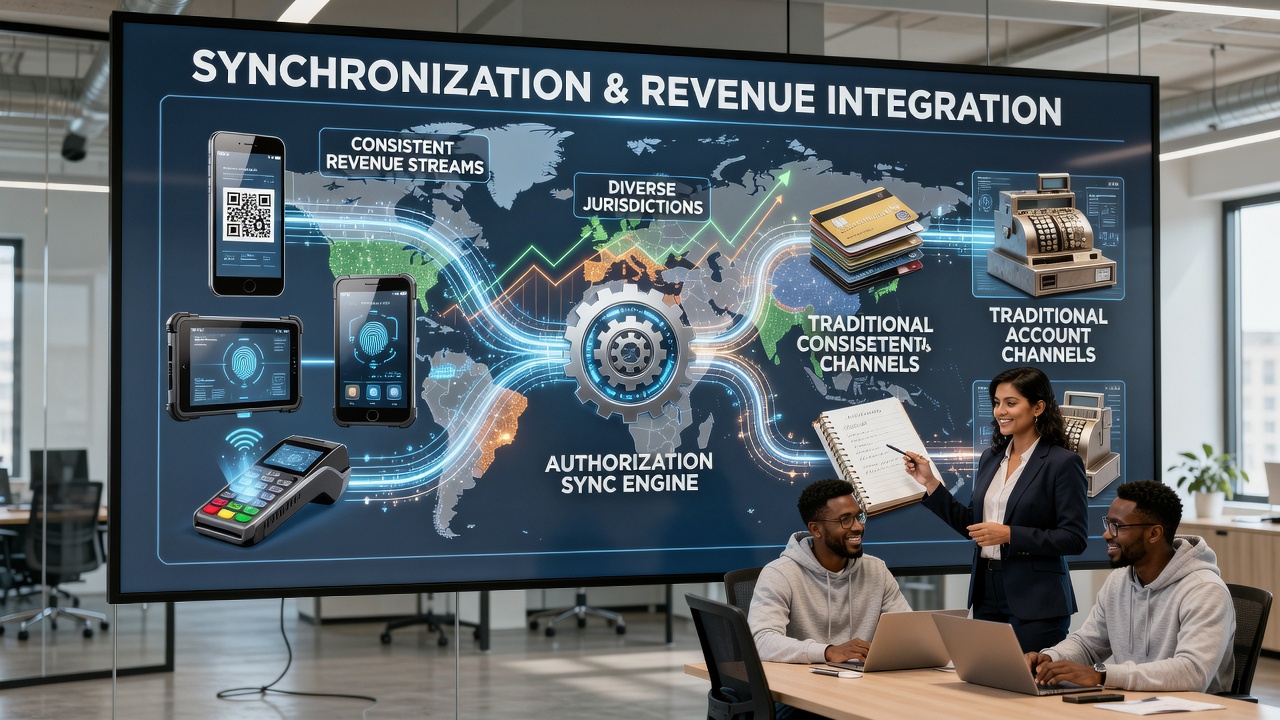 Illustration of portable device payment synchronization with traditional banking channels across global markets