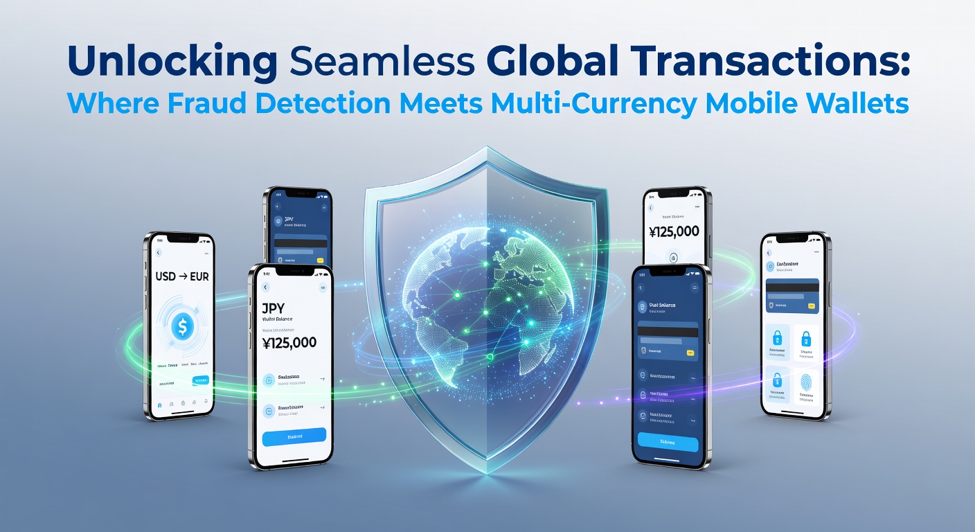 Digital globe with interconnected mobile wallets displaying multiple currencies and security shields representing fraud detection layers