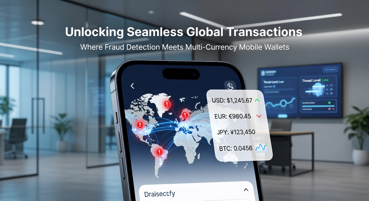 Close-up of a smartphone screen showing a multi-currency wallet app with fraud alert popup and AI analytics dashboard in the background