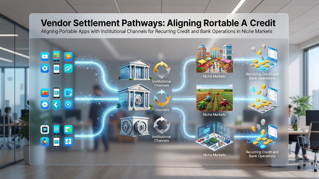 Illustration of portable payment apps connecting to institutional banking channels for recurring settlements